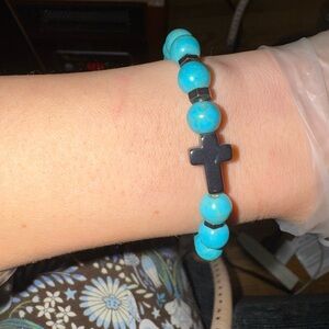 Vintage Turquoise Beaded Bracelet with Black Cross